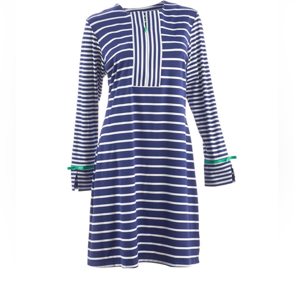 Ibkul Navy and White Striped Long-Sleeve Women's Dress Size S Blue Golf Nautical